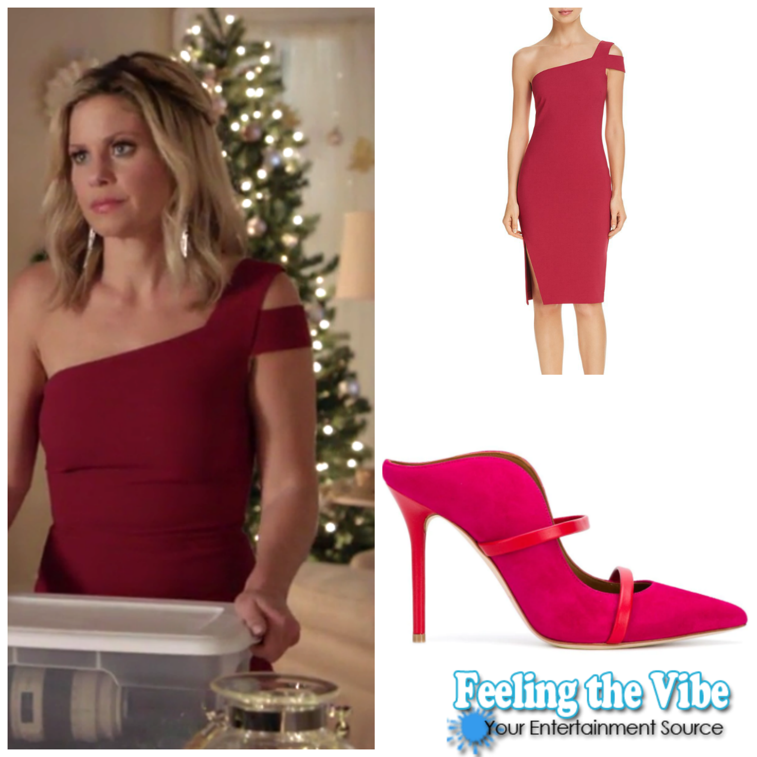 Candace Cameron Bure's Red One Shoulder Dress in "A Shoe Addict's Christmas'