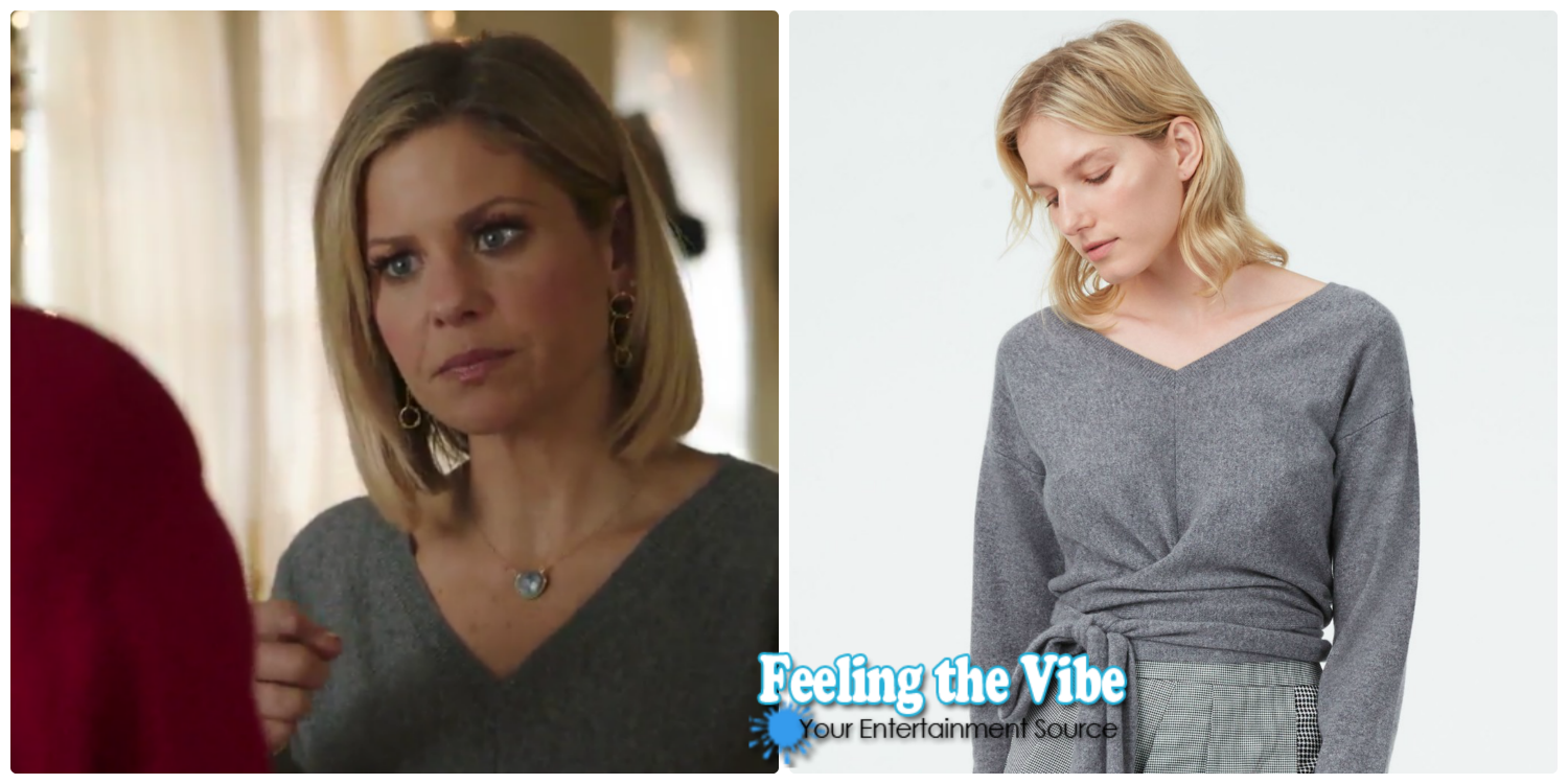 Candace Cameron Bure's Gray Wrap Sweater in "A Shoe Addict's Christmas'