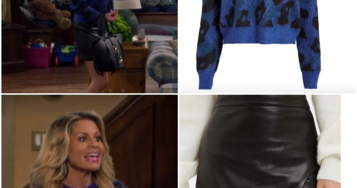 Blue leopard sweater and leather skirt on DJ Fuller from 'Fuller House'