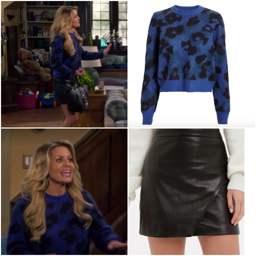 Blue leopard sweater and leather skirt on DJ Fuller from 'Fuller House'