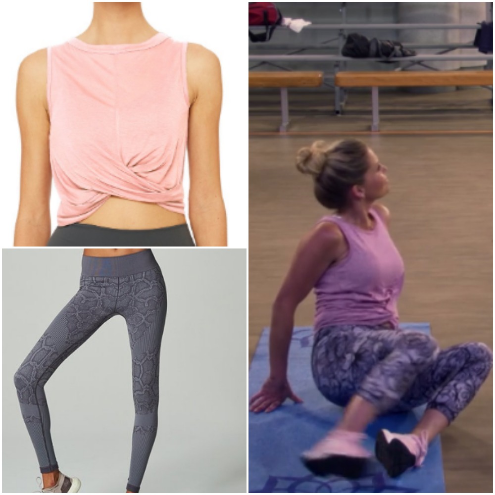 Yoga Outfit, Patterned Leggings and Pink Top on Candace Cameron from 'Fuller House'