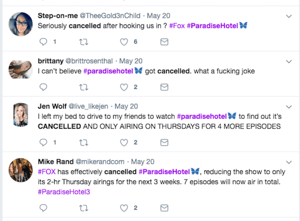 Twitter reactions to "Paradise Hotel" cancellation