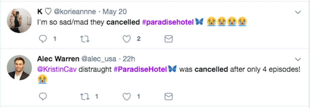 Twitter reactions to "Paradise Hotel" cancellation