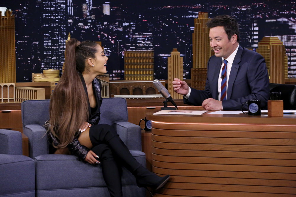 Ariana Grande's black leather jacket and mini skirt from Jimmy Fallon Show
