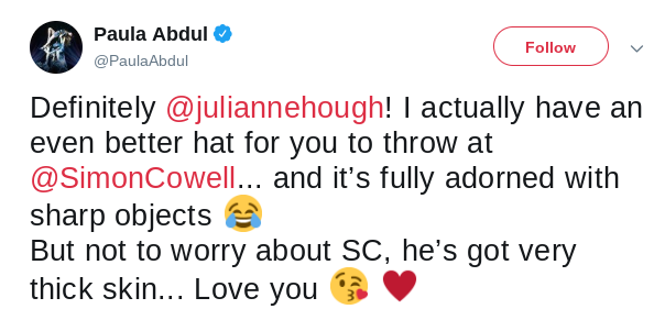 Paula Abdul tweets to Julianne Hough about Simon Cowell