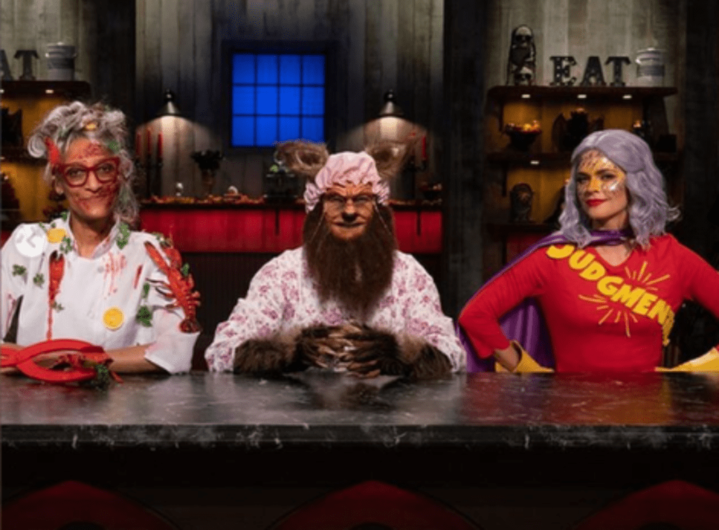 Carla Hall, Zac Young, and Katie Lee on Halloween Baking Championship