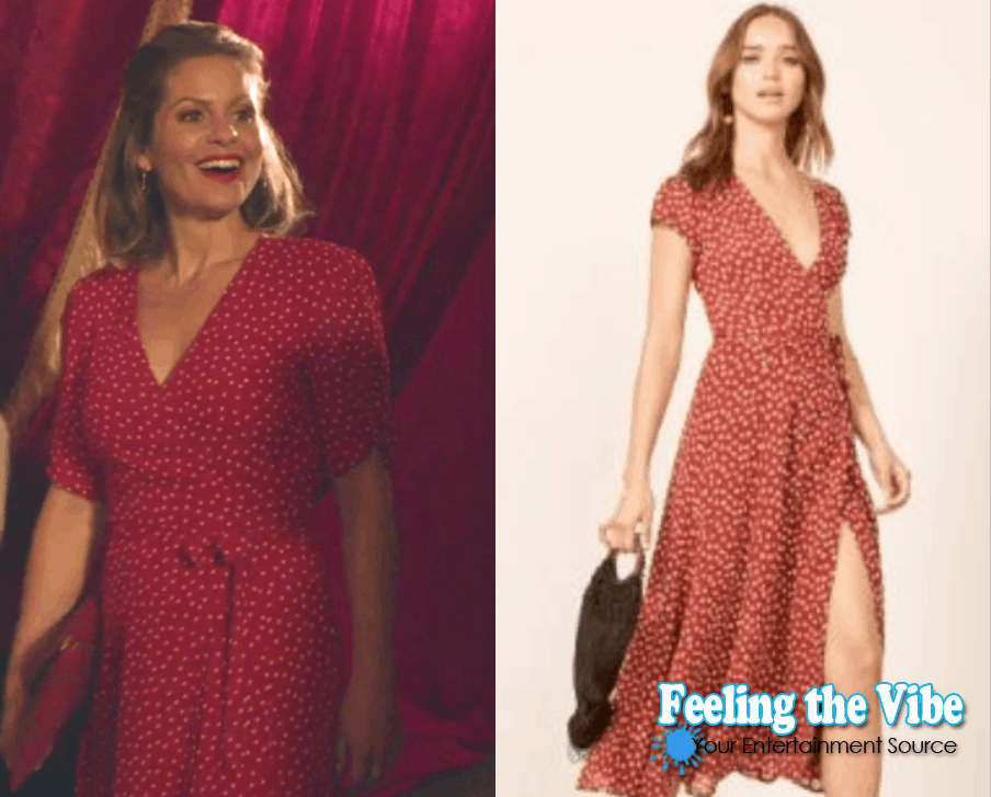Candace Cameron Bure wearing red and white polka dot dress in Christmas Town on Hallmark Channel