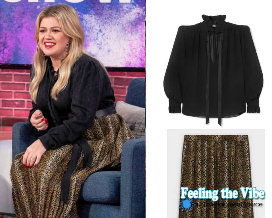 Kelly Clarkson's black blouse and leopard skirt on the Kelly Clarkson Show October 17th episode