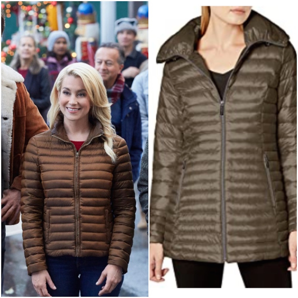 Kellie Picker's brown puffer coat from 2019 A Mistletoe Secret