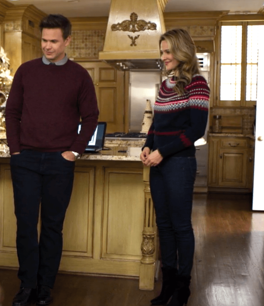 Jill Wagner in Christmas sweater on Christmas Wishes & Mistletoe Kisses