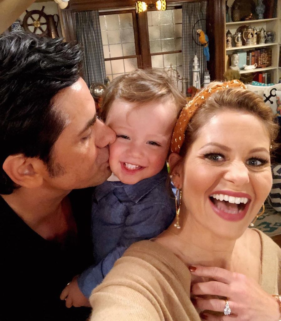 John Stamos, Billy Stamos, and Candace Cameron on the set of Fuller House