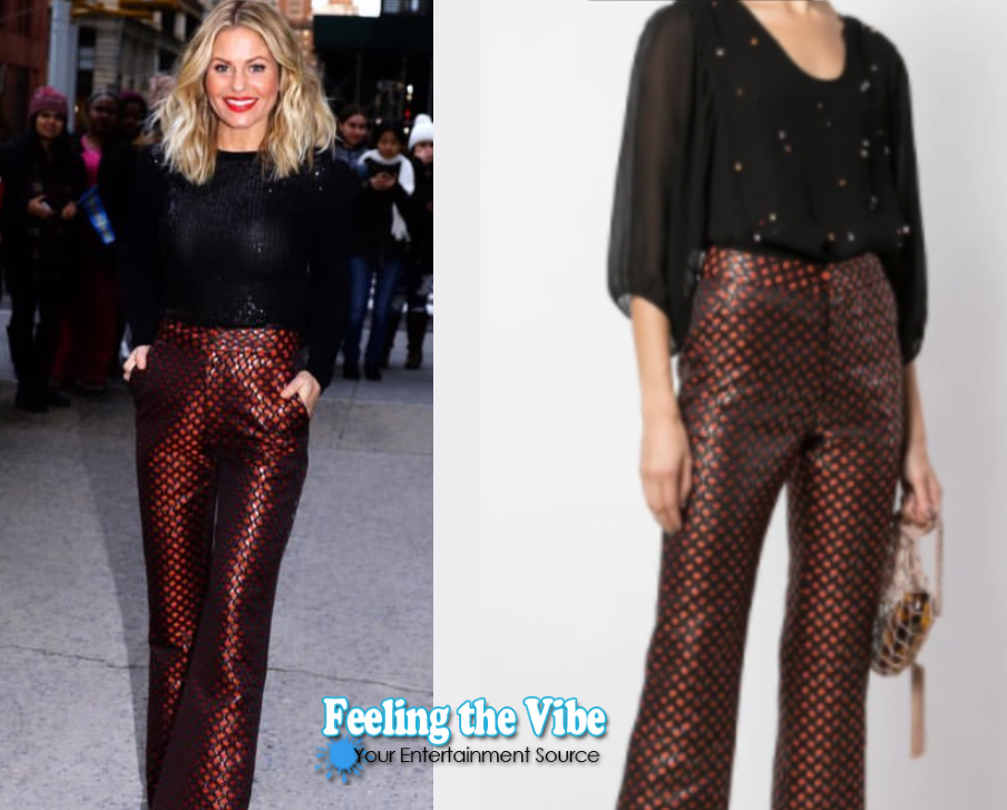 Candace Cameron Bure wearing red and black pants from Cynthia Rowley during press week 2019