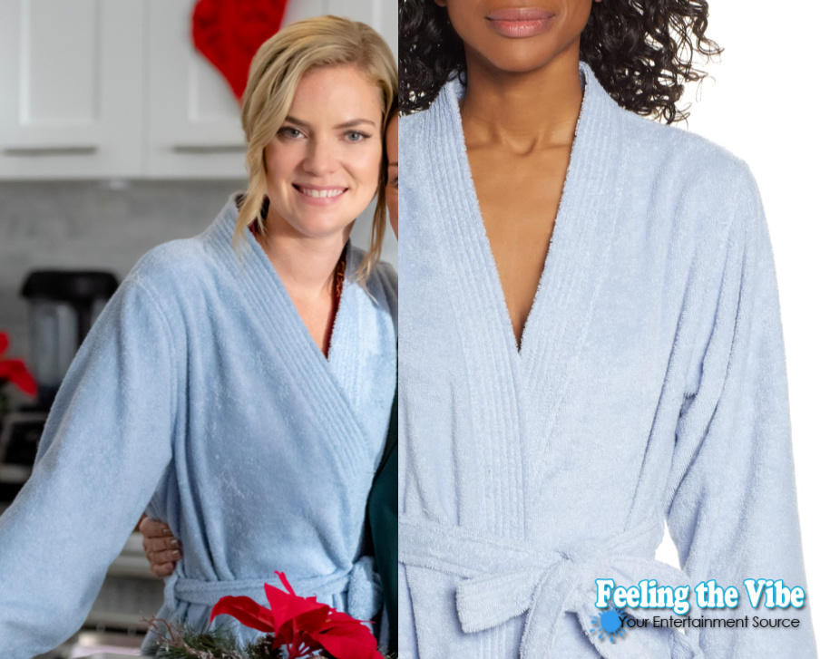 Cindy Busby in blue robe from Godwink Christmas movie on Hallmark