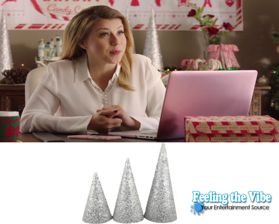 Jodie Sweetin's silver Christmas trees on desk Merry & Bright movie