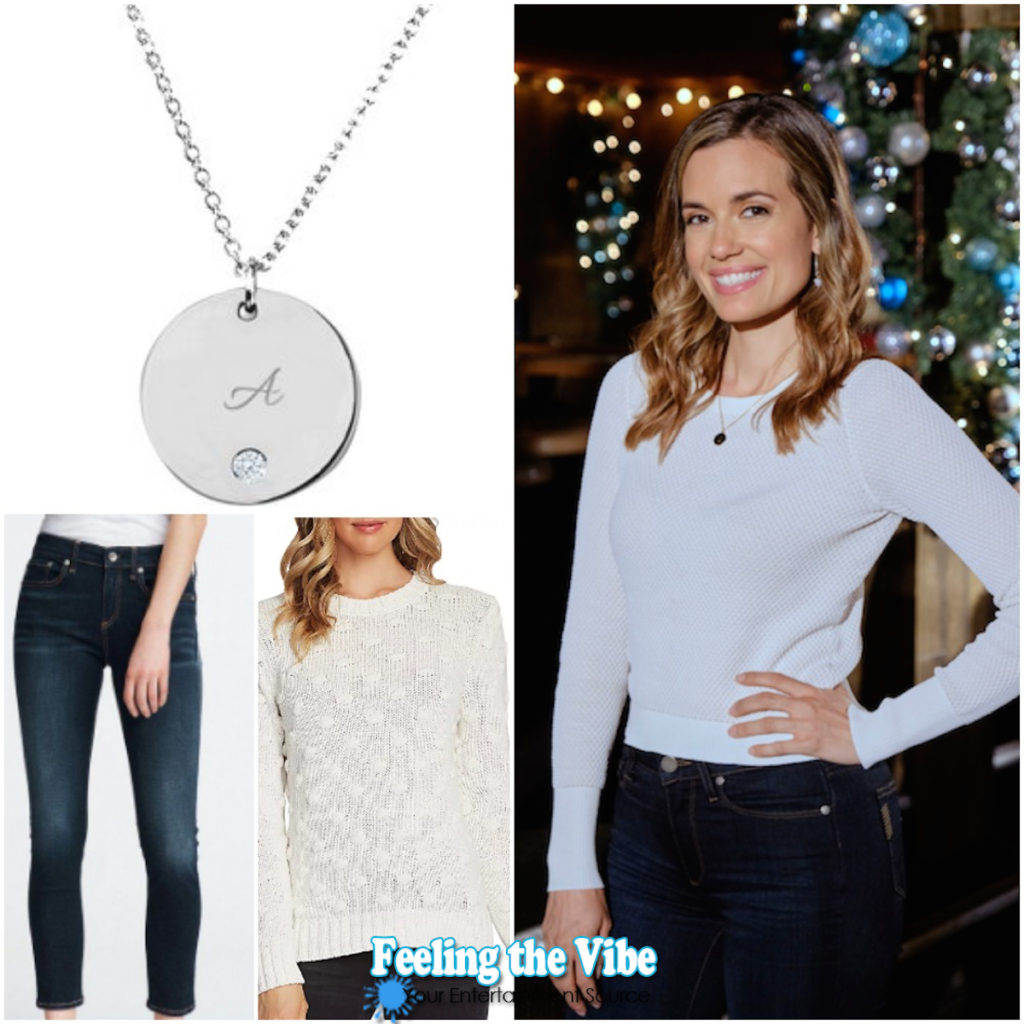 Torrey DeVitto White Sweater, Jeans, and Necklace