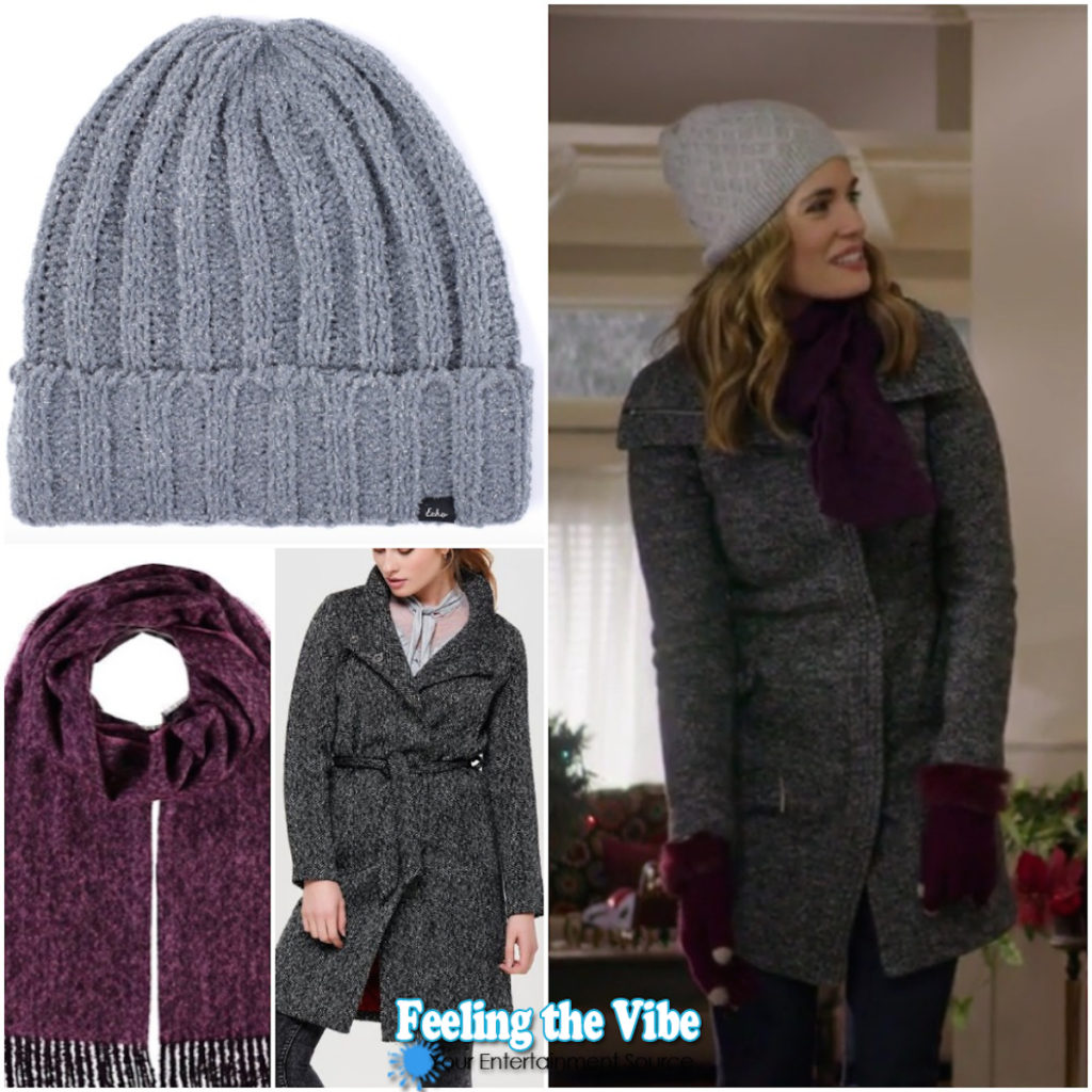 Torrey DeVitto gray coat, hat, and purple gloves