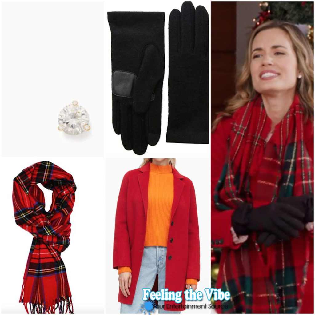 Torrey DeVitto red coat, scarf, gloves