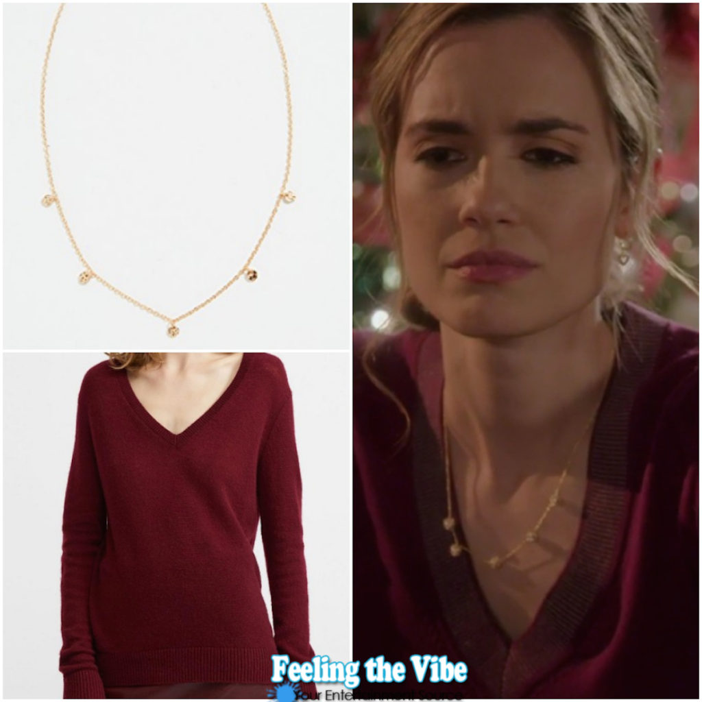 Torrey DeVitto, cherry sweater, gold necklace
