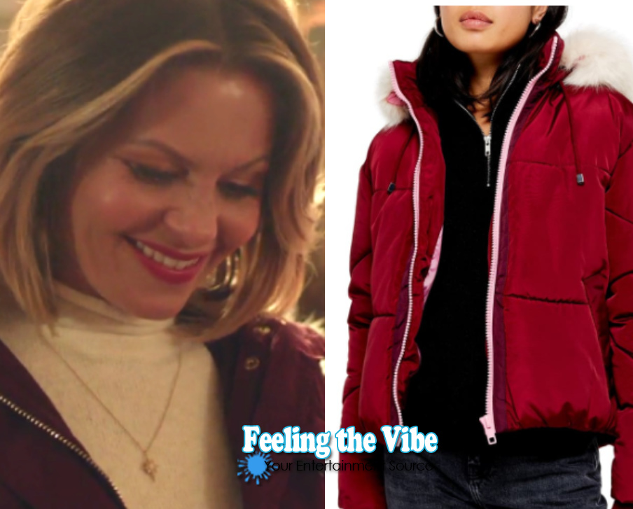 Candace Cameron Bure in a red parka jacket for Christmas Town