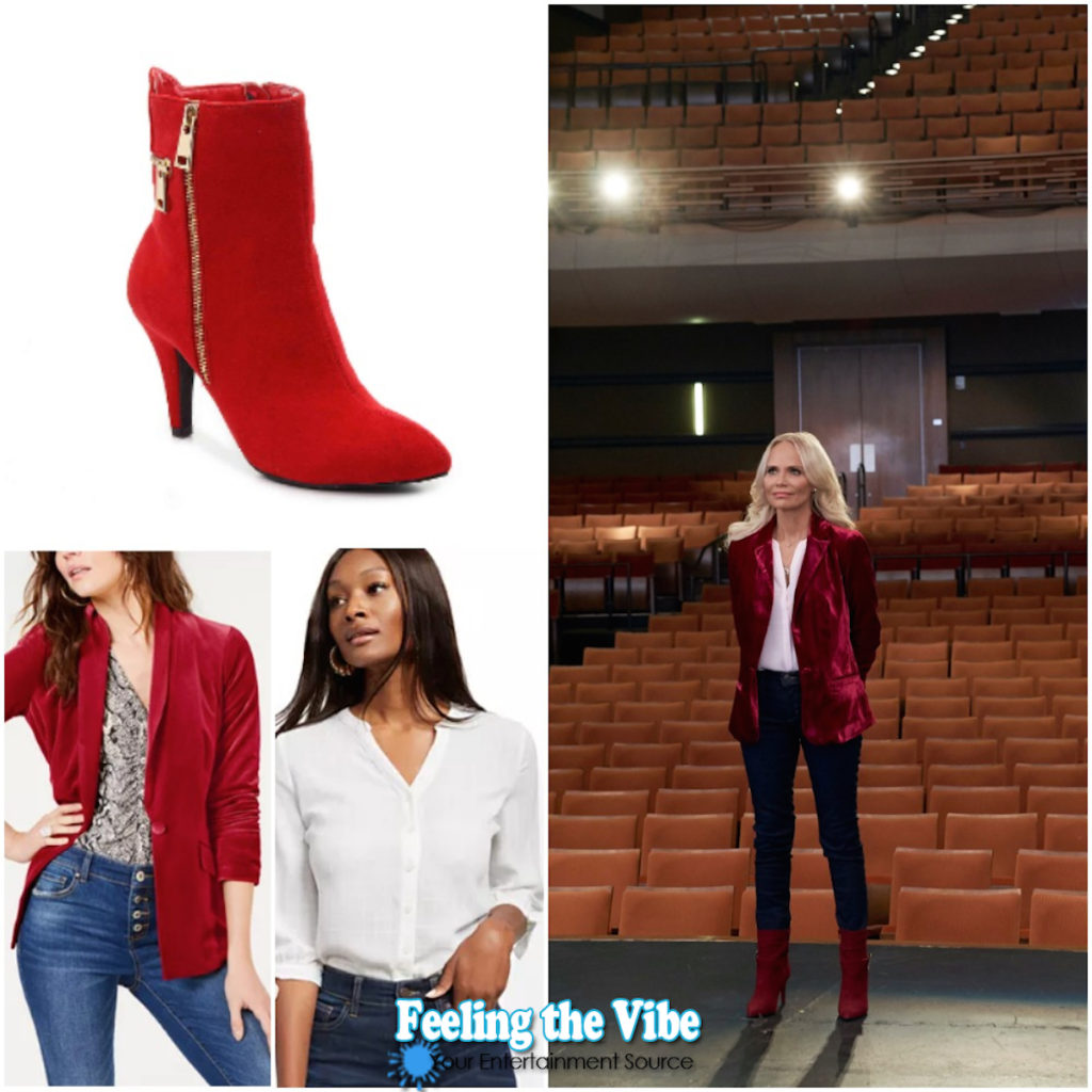 Kristin Chenoweth in red velvet blazer, white blouse, and red boots in Christmas Love Story movie