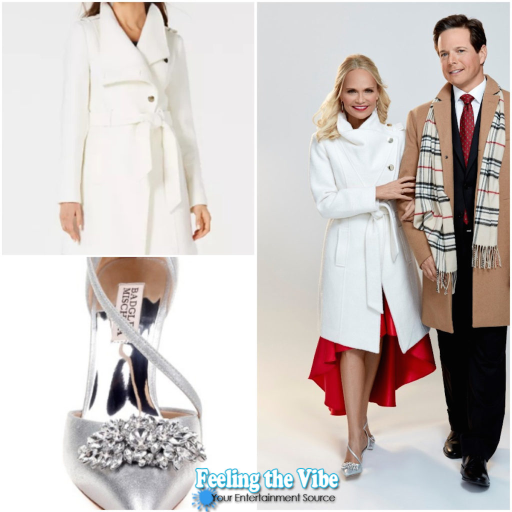 White winter coat and silver shoes on Kristin Chenoweth in Christmas Love Story movie