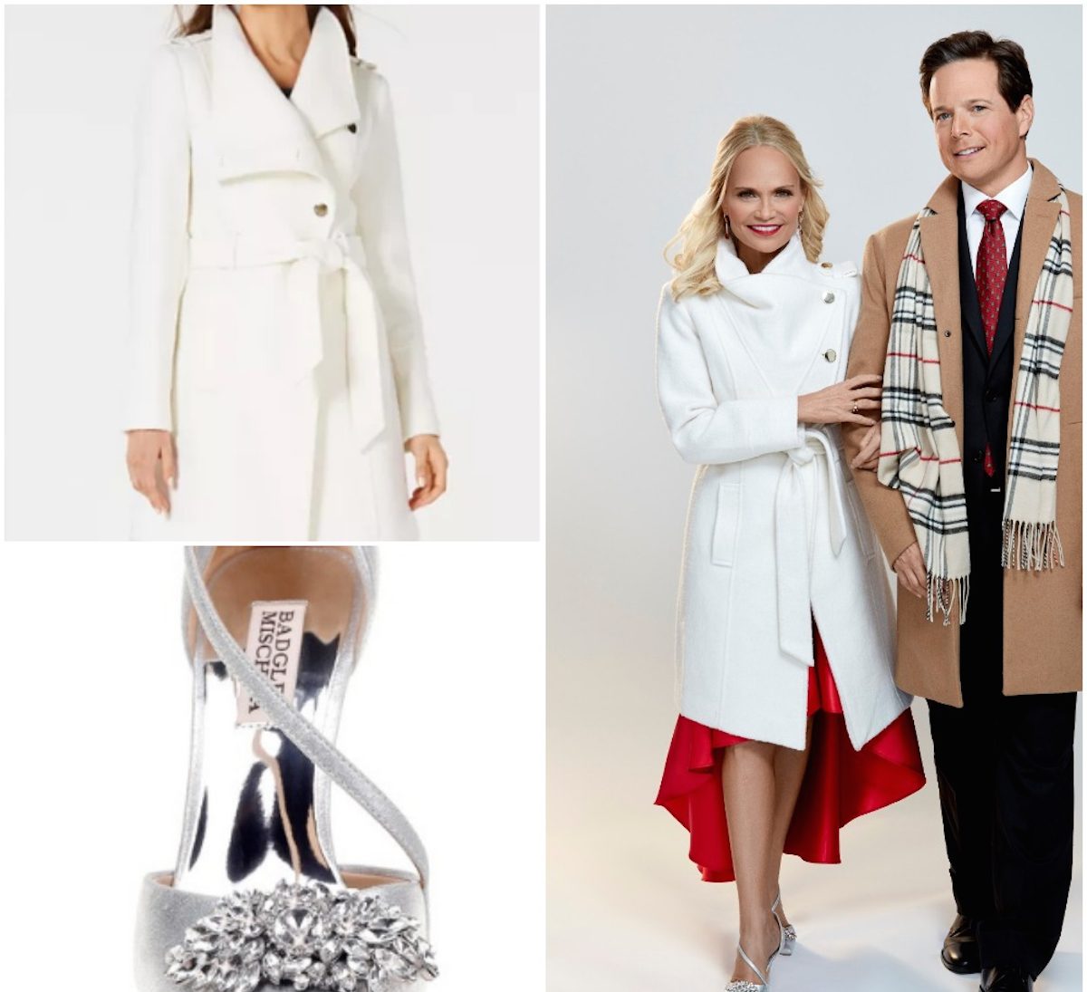 KRISTIN CHENOWETH WHITE COAT SILVER SHOES