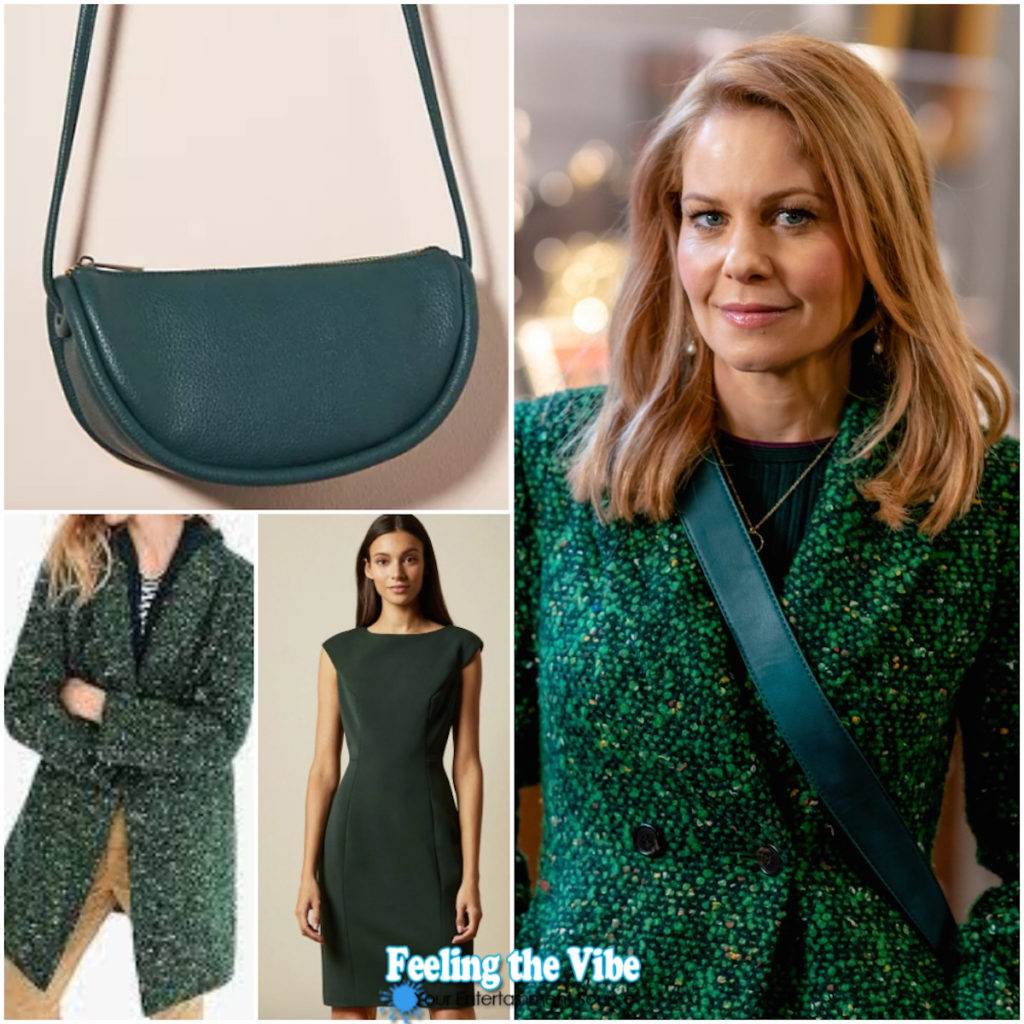 Candace Cameron Bure green jacket and dress from Aurora Heist and Seek