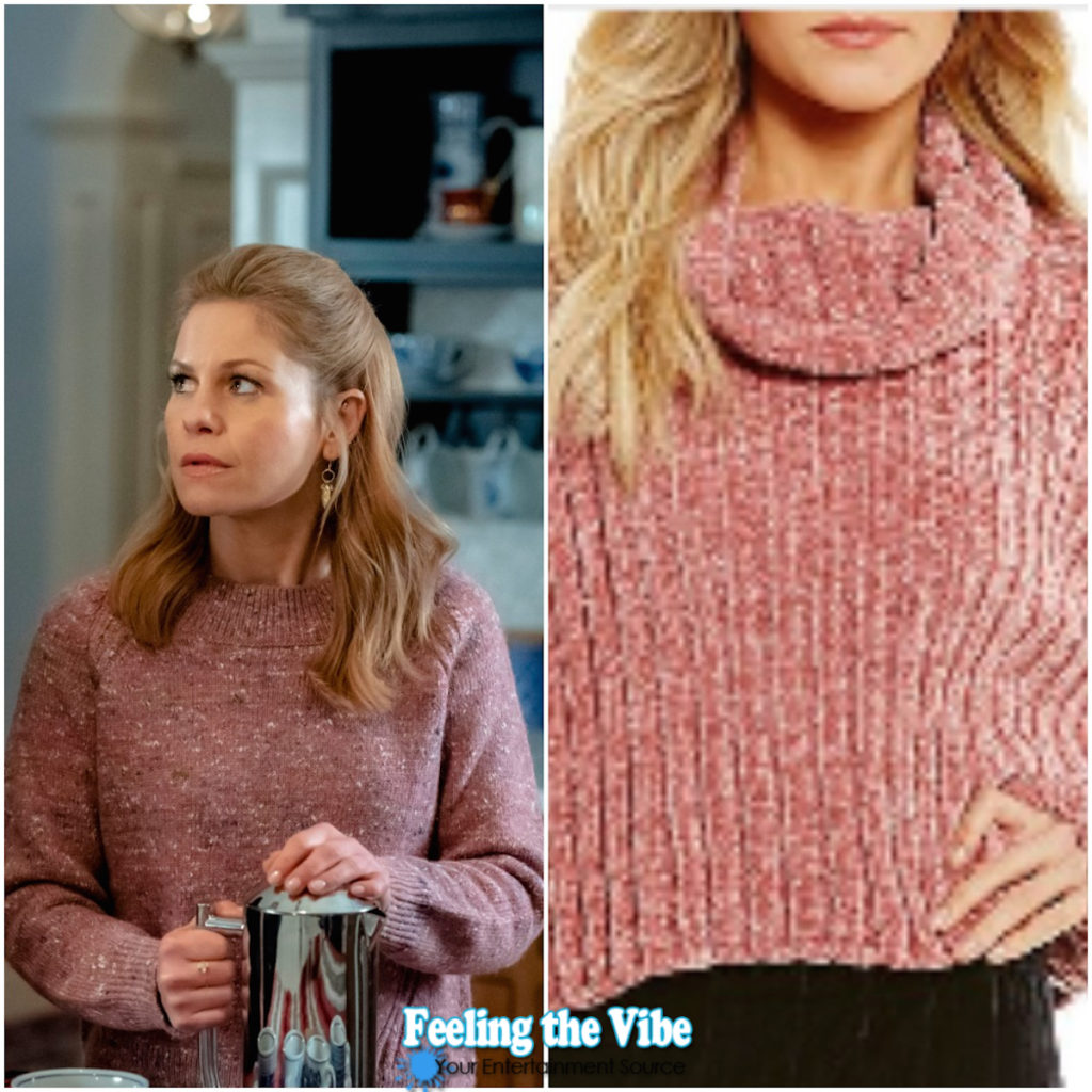 Candace Cameron pink sweater from Aurora Heist and Seek movie