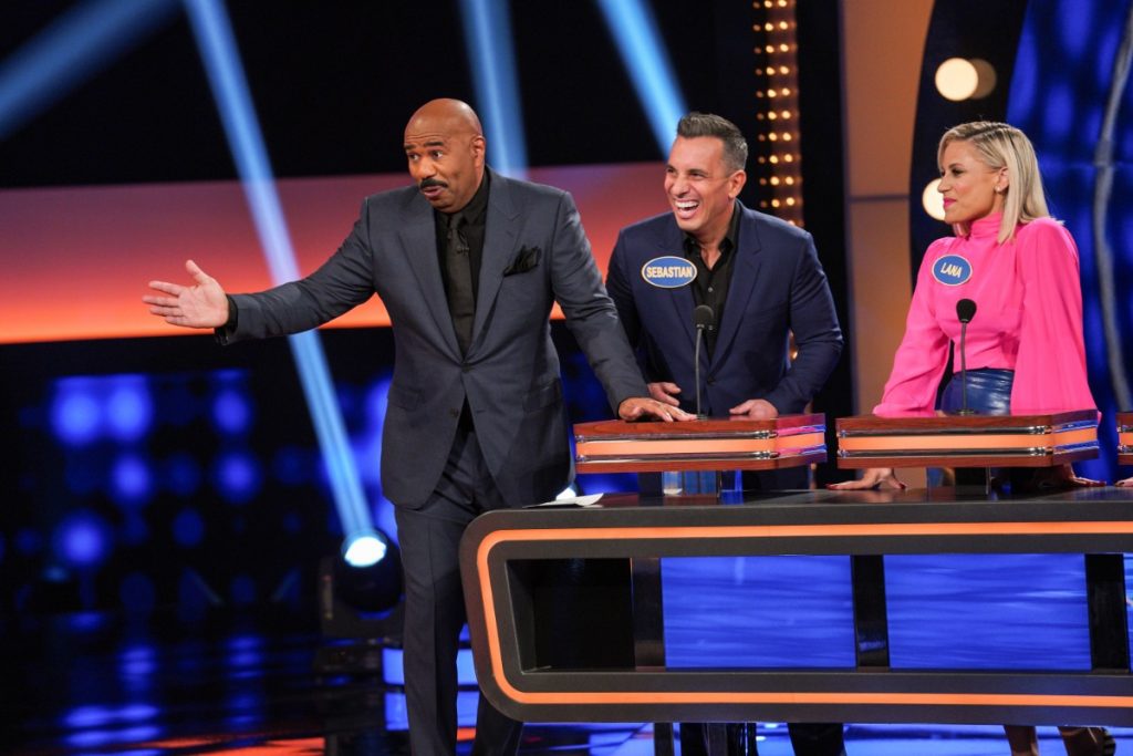 Sebastian Maniscalco and wife Lana Gomez on Celebrity Family Feud 2020