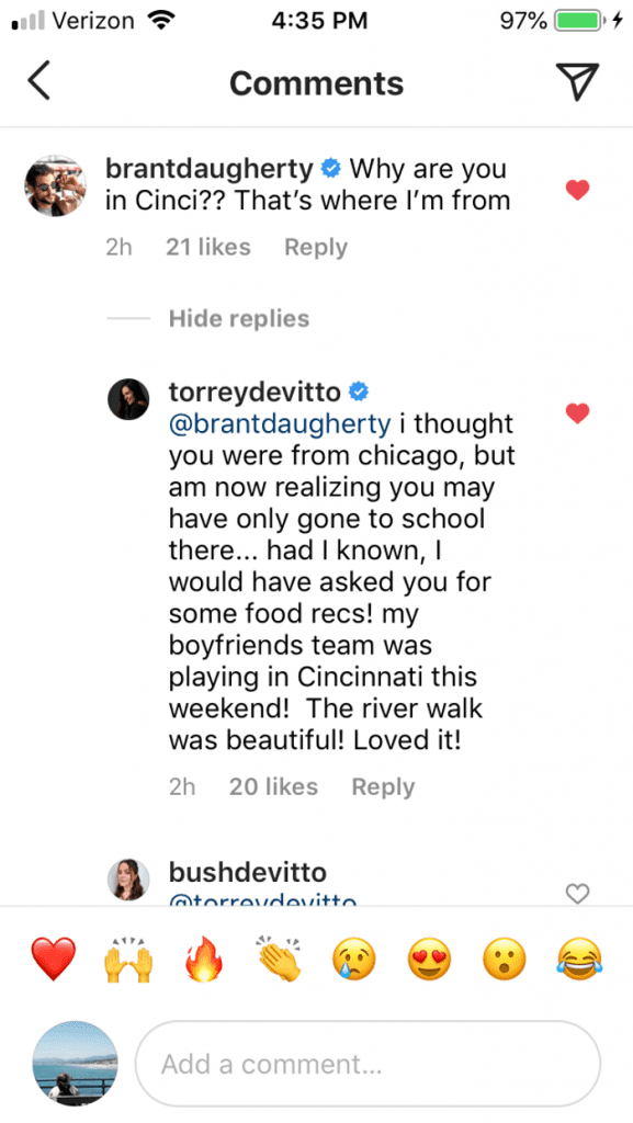 Brant Daugherty and Torrey DeVitto IG comment exchange