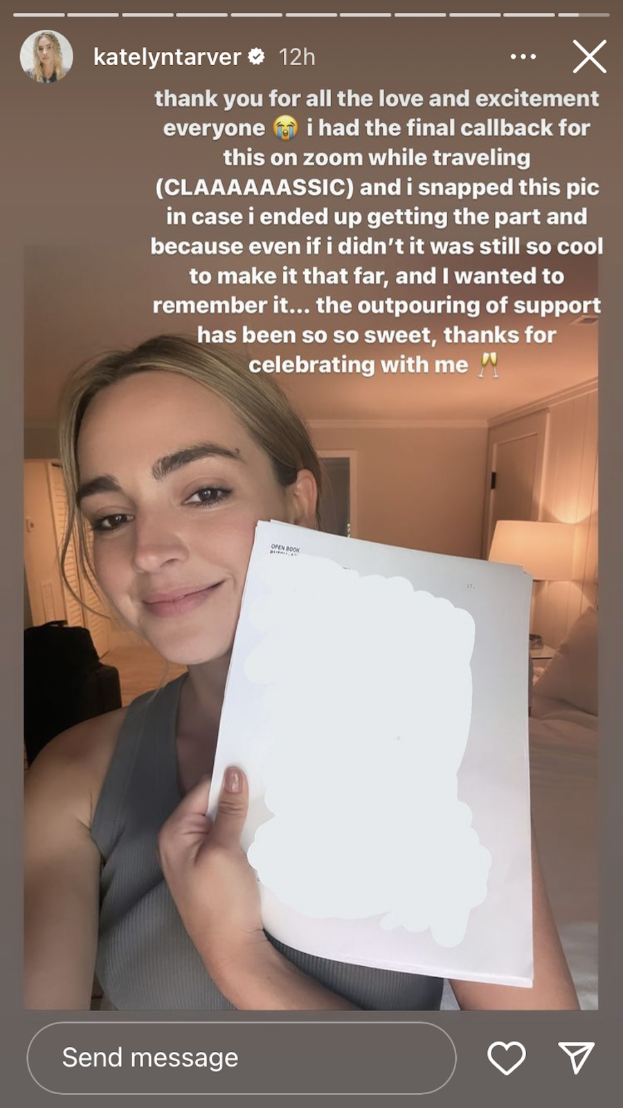 Katelyn Tarver Instagram Story about Open Book